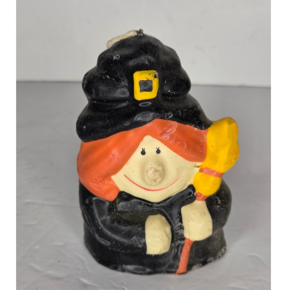 Vintage Halloween Witch Candle Figurine Retro Orange Hair Black Hat Broom